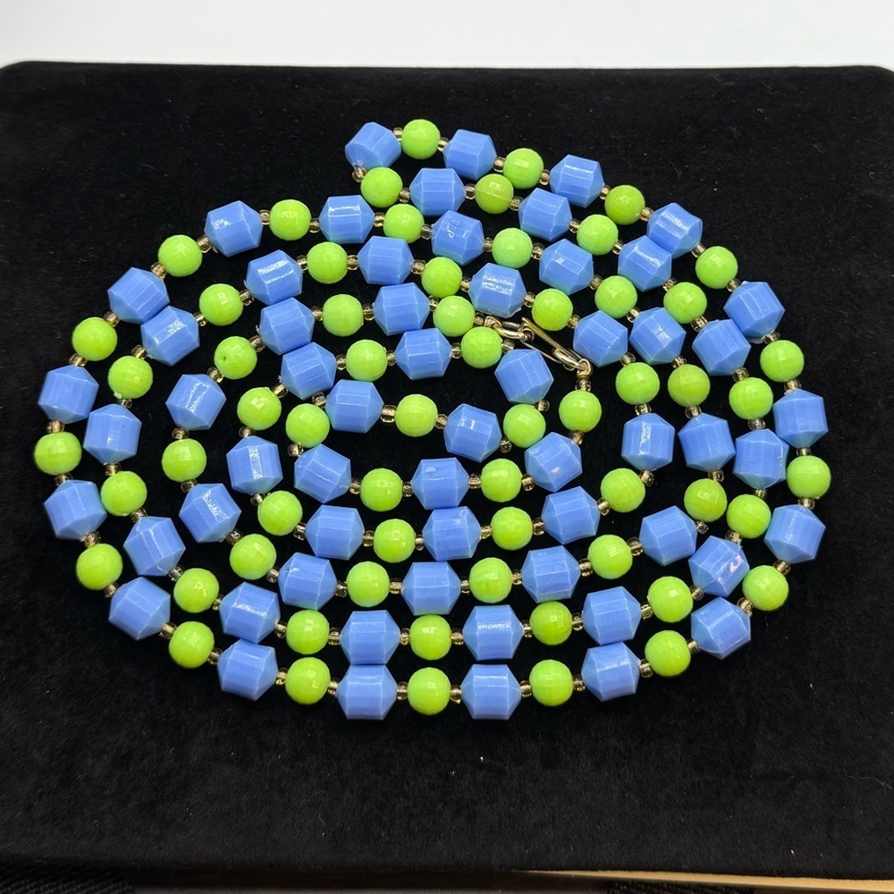 Vintage Hong Kong Blue & Green Faceted Bead Necklace 53”